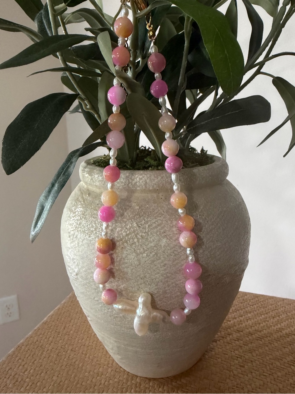 Handcrafted Pink & Peach Bead Necklace with Baroque Pearl